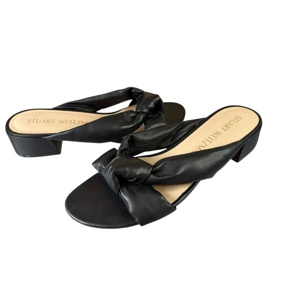 Stuart Weitzman Playa 35 Knot Slide Sandals Black Leather Size 11 Block Heel - Picture 4 of 9